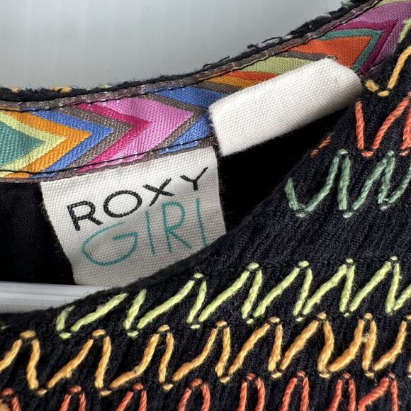 Roxy Black Shirred Dress Multicolored Stitching - Picture 3 of 8